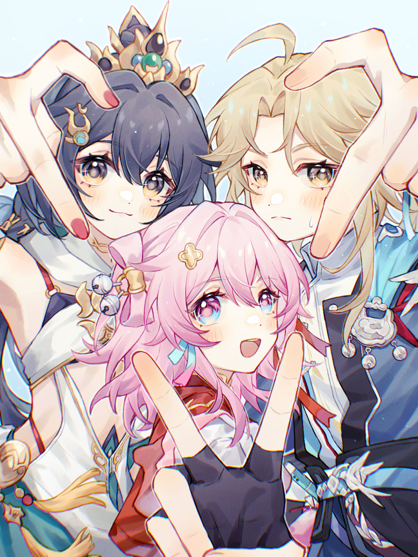 1boy, 2girls, ahoge, arm_up, armpits, arms_up, bailixuan204, black_choker