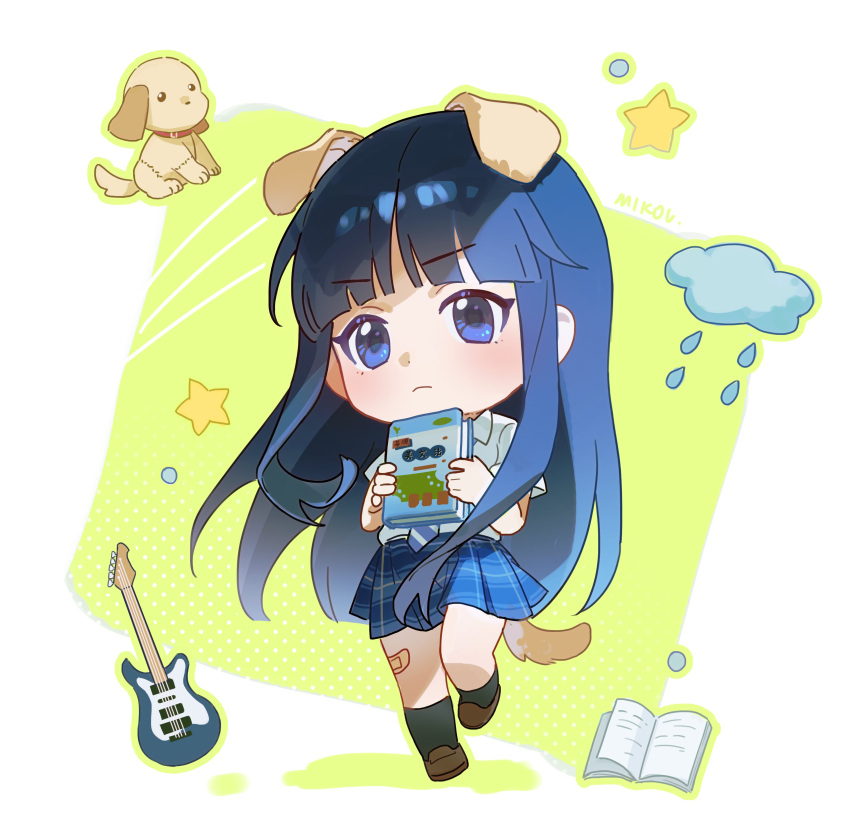 1girl, absurdres, animal_ears, bandaid, bandaid_on_leg, black_socks, blue_eyes, book