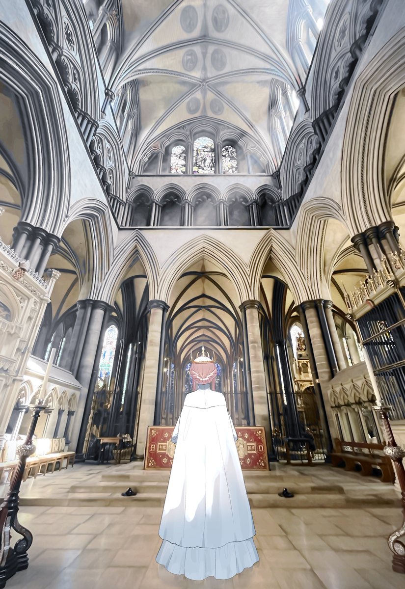 1girl, architecture, back, braid, cape, cathedral, cnoc_na_riabh_(fate), crown