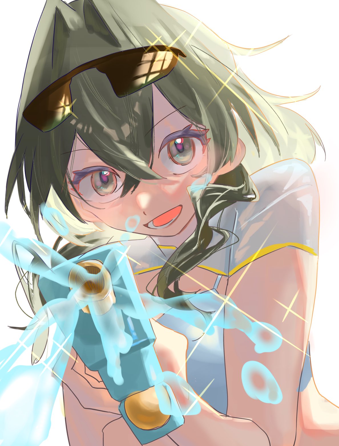 1girl, bikini, brown_hair, duoyun_de_tiankong, eyewear_on_head, grey_eyes, hair_between_eyes, highres