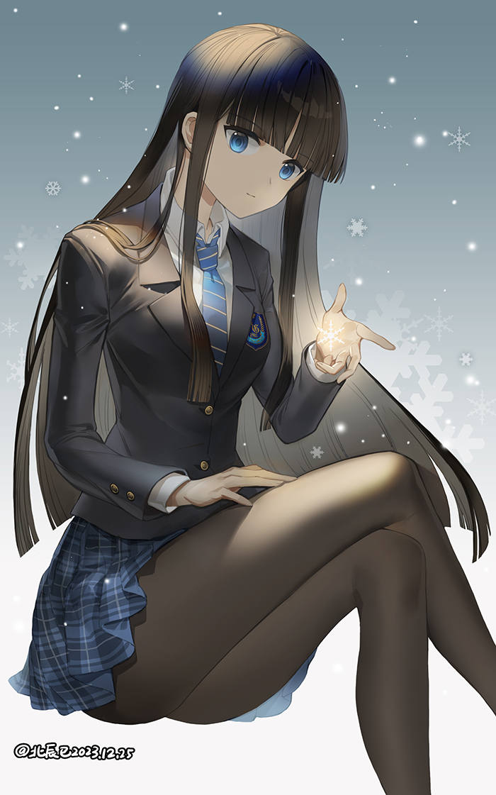 1girl, balusah, black_hair, black_jacket, black_pantyhose, blue_eyes, blue_necktie, blue_skirt, breasts, closed_mouth, collared_shirt, crossed_legs, hair_between_eyes, hime_cut, houjou_high_school_uniform, jacket, long_hair, looking_at_viewer, medium_breasts, necktie, pantyhose, plaid_clothes, plaid_skirt, school_uniform, shirt, sitting, skirt, snowflakes, touma_kazusa, white_album_(series), white_album_2, white_shirt, winter