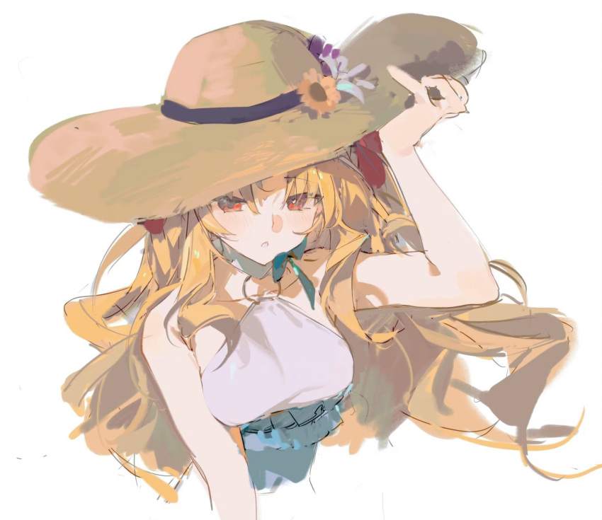 1girl, :o, bare_shoulders, blonde_hair, bow, breasts, fate/grand_order, fate_(series), flower, hair_bow, halterneck, hand_on_headwear, hat, highres, long_hair, looking_down, medium_breasts, nashinashi, o-ring, red_bow, red_eyes, simple_background, solo, space_ereshkigal_(fate), space_ereshkigal_(first_ascension)_(fate), sun_hat, two_side_up, upper_body, white_background