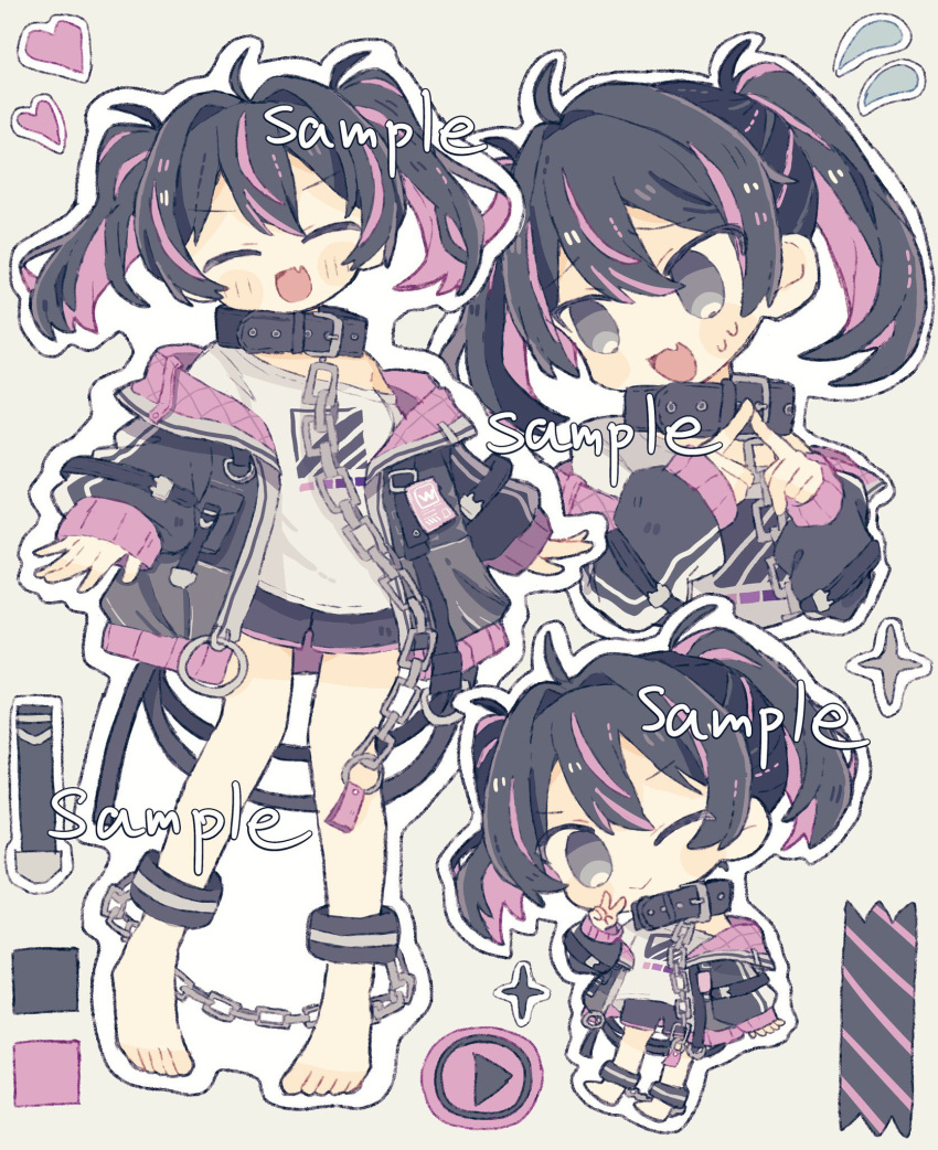 1girl, black_eyes, black_hair, black_jacket, black_shorts, blush, chain, chain_around_neck