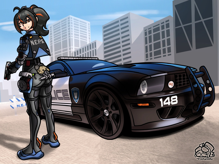 1girl, artist_logo, barricade_(transformers), black_pants, blue_footwear, cityscape, ford_mustang, ford_mustang_s197