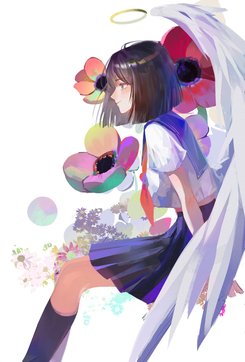 1girl, absurdres, black_socks, blue_eyes, blue_flower, blue_sailor_collar, blunt_bangs, blush, brown_hair, closed_mouth, eyelashes, feathered_wings, flower, halo, highres, kneehighs, large_wings, light_smile, looking_afar, looking_ahead, medium_hair, midriff, neckerchief, original, pink_flower, pleated_skirt, procreate_(medium), purple_flower, purple_skirt, red_flower, red_neckerchief, sailor_collar, school_uniform, short_sleeves, sitting, skirt, socks, solo, uniform, wangjidemoe871, white_background, white_wings, wings