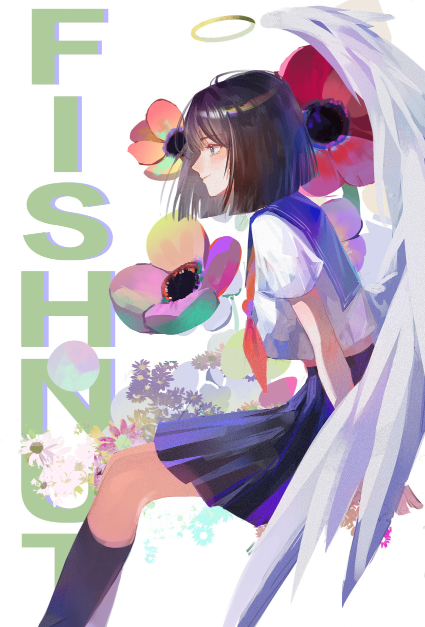 1girl, absurdres, black_socks, blue_eyes, blue_flower, blue_sailor_collar, blunt_bangs, blush
