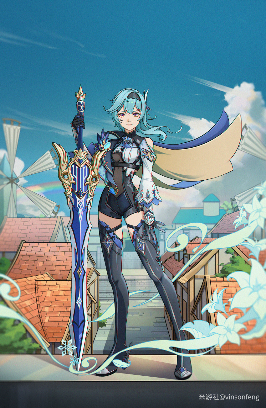 1girl, absurdres, artist_name, black_gloves, black_hairband, blue_cape, blue_hair, blue_necktie