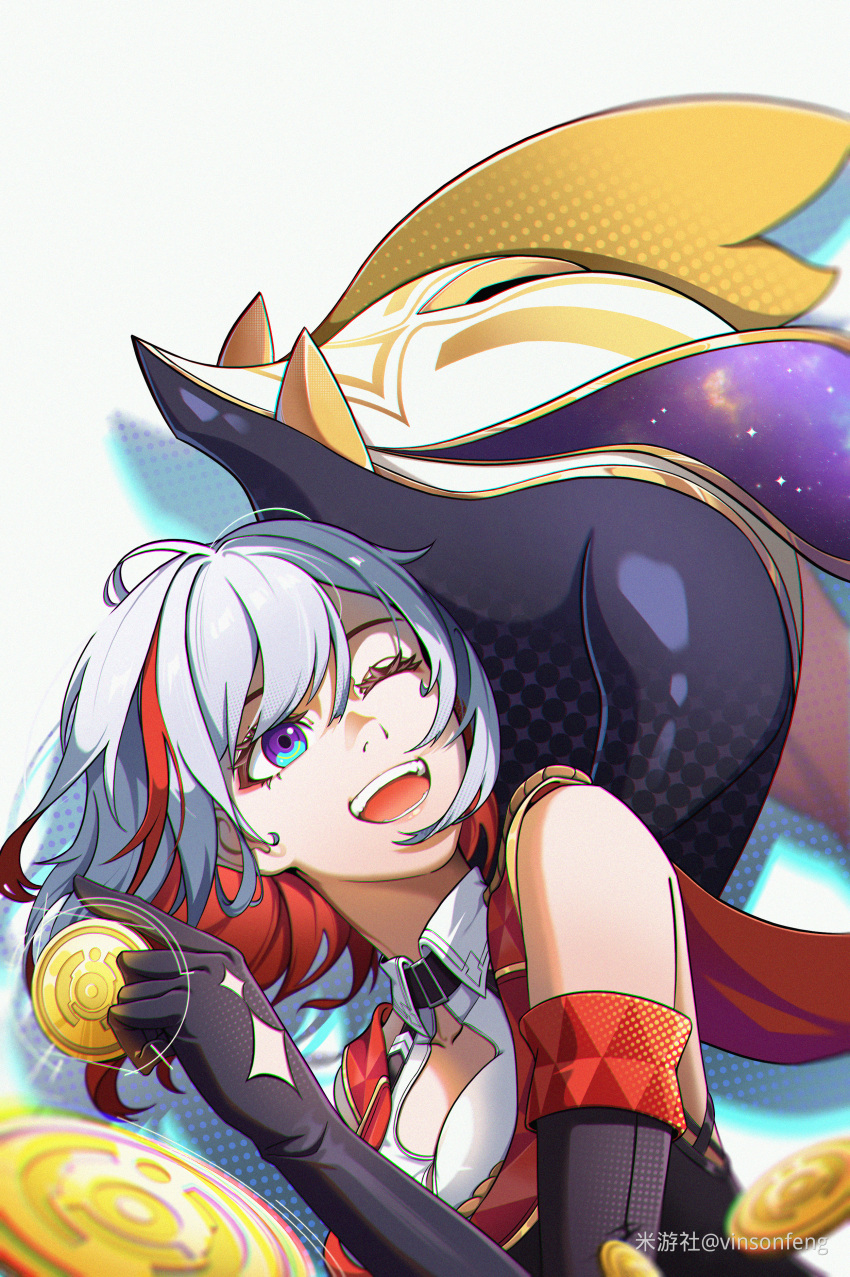 1girl, absurdres, black_gloves, black_unitard, blue_eyes, coin, colored_inner_hair, drop_shadow