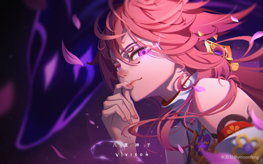 1girl, animal_ears, artist_name, character_name, closed_mouth, dark_background, detached_sleeves, evil_smile