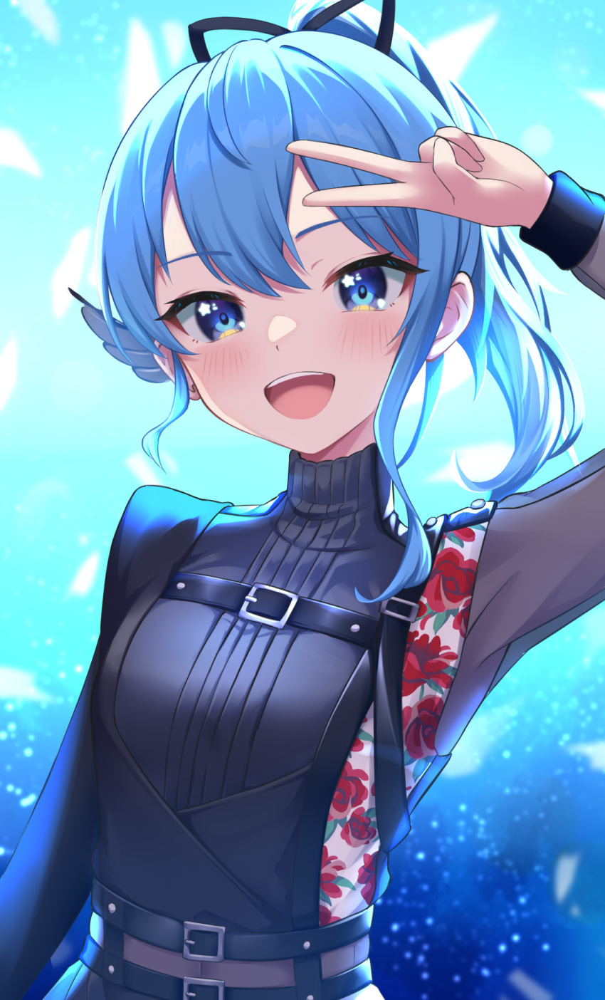 1girl, arm_up, belt, blue_eyes, blue_hair, blush, chest_belt, commentary