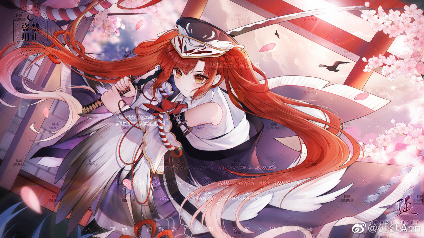 1girl, bare_shoulders, bird, blue_hat, blue_kimono, bow, bowtie, brown_eyes, cherry_blossoms, chinese_commentary, closed_mouth, clouds, collared_shirt, colored_tips, commentary_request, commission, cowboy_shot, crow, detached_sleeves, dutch_angle, eyelashes, feather_sleeves, floating_clothes, floating_hair, flower, frown, gleam, hat, highres, holding, holding_sword, holding_weapon, japanese_clothes, katana, kimono, kimono_partially_removed, light_blush, light_particles, long_hair, long_sleeves, looking_at_viewer, multicolored_hair, nail_polish, original, over_shoulder, peaked_cap, petals, pink_flower, red_bow, red_bowtie, red_nails, red_ribbon, redhead, ribbon, rope, sample_watermark, shide, shimenawa, shirt, shrine, sleeve_ribbon, sleeveless, sleeveless_shirt, solo, sunset, sword, too_many_watermarks, torii, twintails, two-tone_headwear, v-shaped_eyebrows, very_long_hair, watermark, weapon, weapon_over_shoulder, weibo_watermark, white_hair, white_hat, white_shirt, white_sleeves, yanyan_(weibo_5865701740)