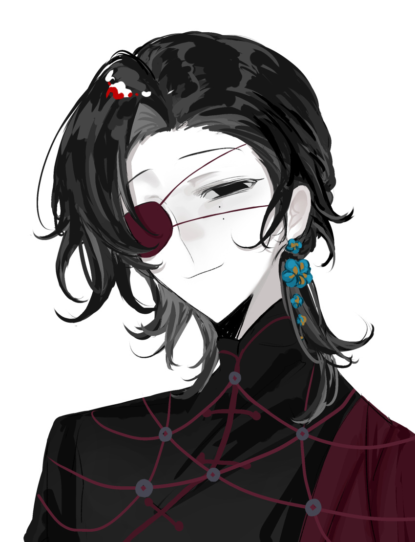 1boy, absurdres, bing_(ruandoudou87327), black_eyes, black_hair, chinese_commentary, chu_yujun, closed_mouth, colored_eyepatch, colored_skin, commentary_request, earrings, eyepatch, flower_earrings, highres, jewelry, looking_at_viewer, male_focus, mandarin_collar, mole, mole_under_eye, multiple_moles, portrait, short_hair, simple_background, smile, solo, touqi_guaitan, white_background, white_skin