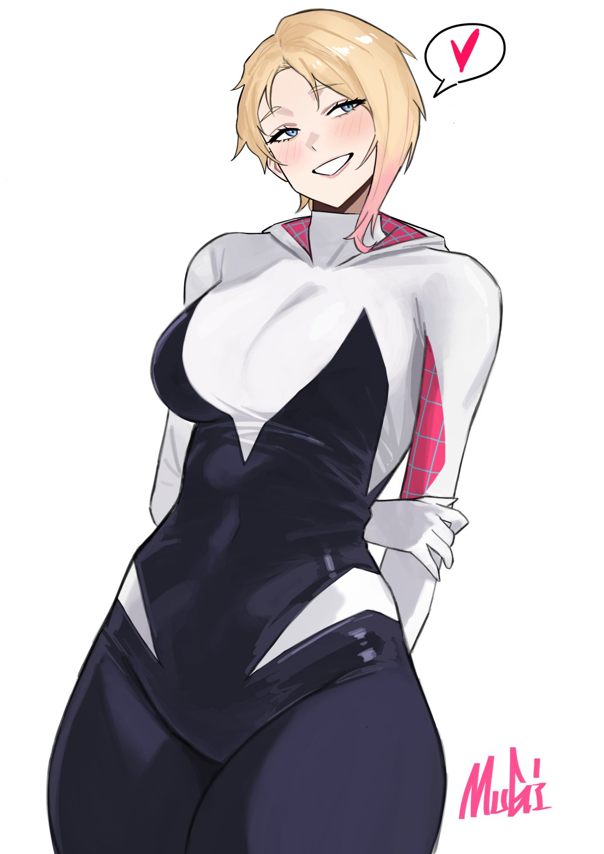 1girl, animification, blonde_hair, blue_eyes, bodysuit, breasts, gwen_stacy, highres