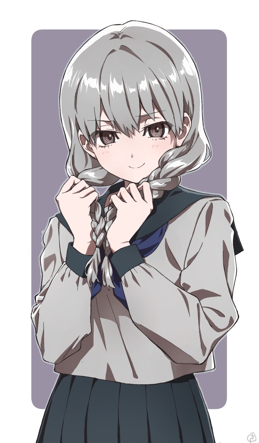 >:), 1boy, black_skirt, braid, crossdressing, doyagao, grabbing_own_hair, grey_eyes