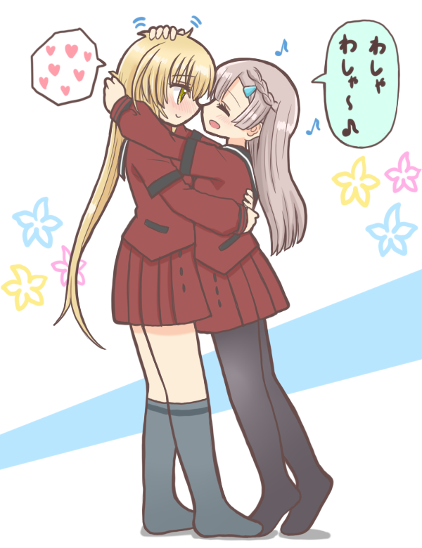 2girls, bad_id, bad_twitter_id, blonde_hair, blush, closed_mouth, commentary_request, from_side