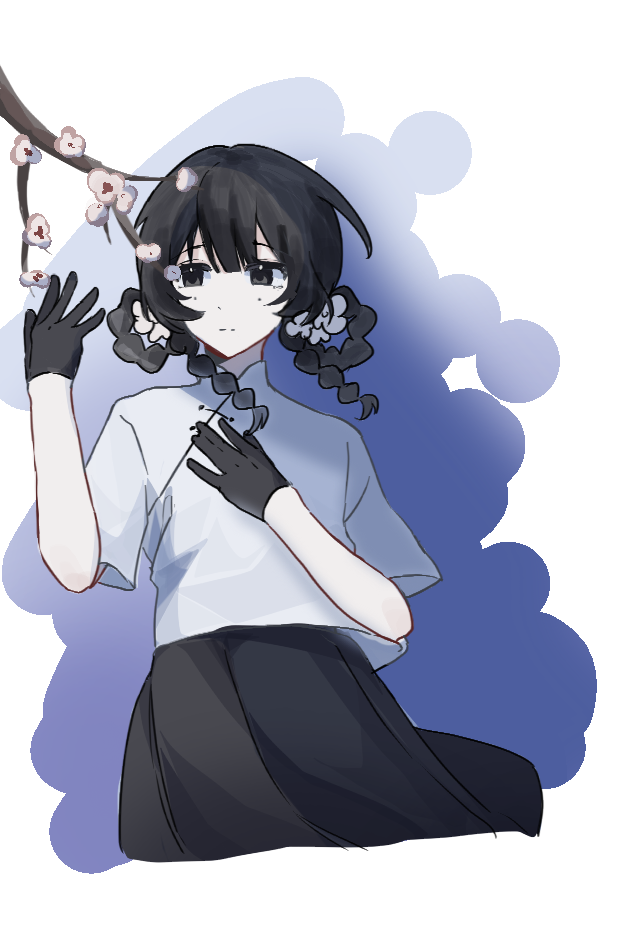 1girl, angryshijing, black_eyes, black_gloves, black_hair, black_skirt, braided_hair_rings, chinese_clothes