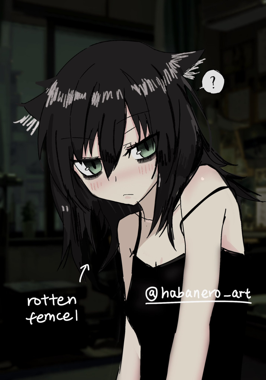 1girl, black_hair, black_shirt, cat_ears, cat_girl, embarrassed, female, green_eyes