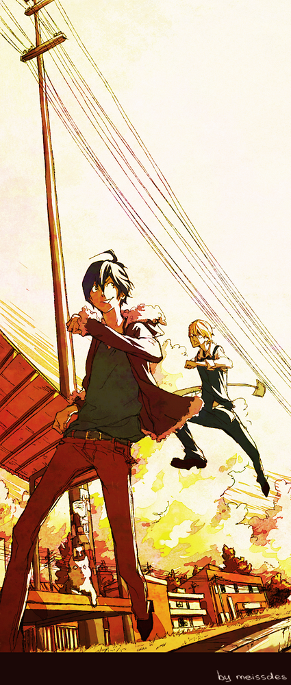 artist_name, bakuman, cat, crossover, durarara!!, heiwajima_shizuo, jumping, male, mashiro_moritaka, meissdes, multiple_boys, orihara_izaya, power_lines, running, shovel, takagi_akito, worktool