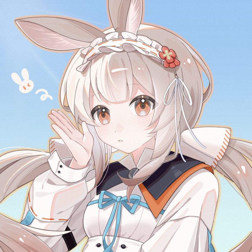 1girl, animal_ears, arknights, blue_ribbon, blush, brown_eyes, brown_hair, commentary