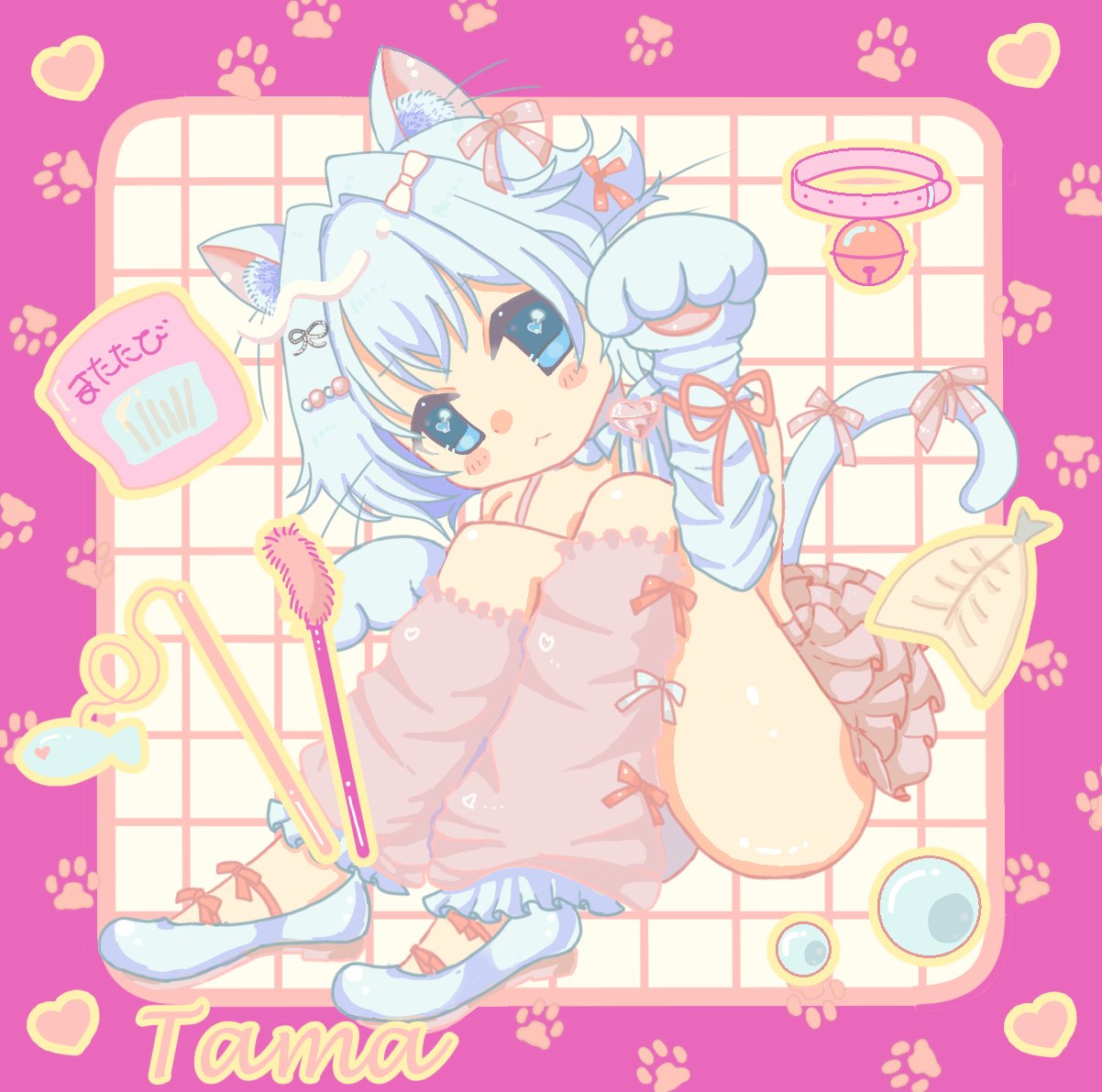 1girl, :3, animal_ears, animal_hands, ballet_slippers, bell, blue_eyes, blue_hair