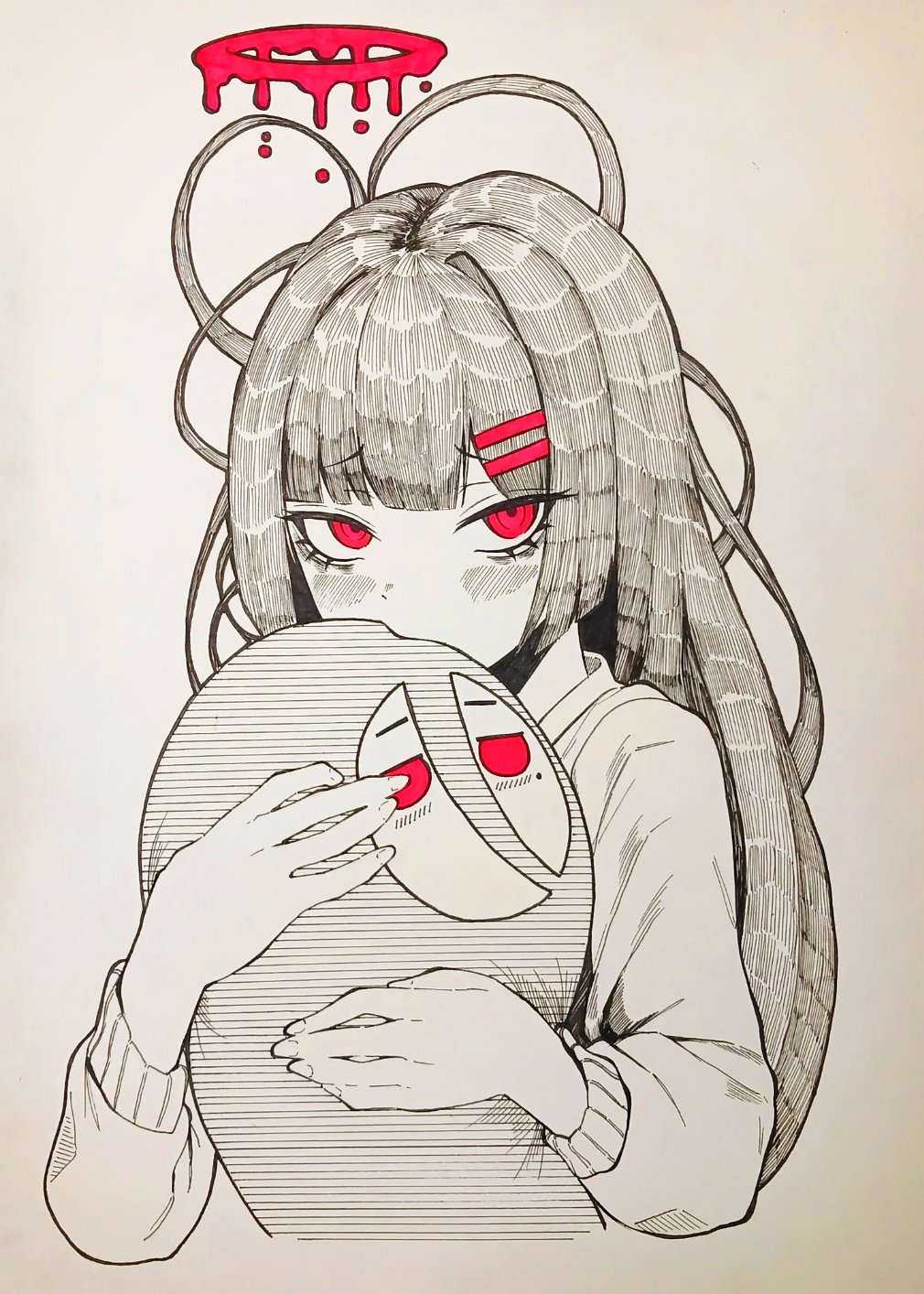1girl, alternate_costume, blue_archive, blush, commentary_request, hair_ornament, hairclip, halo, hasumi_(blue_archive), highres, holding, holding_stuffed_toy, korean_commentary, long_hair, long_sleeves, looking_at_viewer, qwet135790, red_eyes, red_halo, simple_background, spot_color, stuffed_toy, traditional_media, tsurime, tsurugi_(blue_archive), very_long_hair, white_background