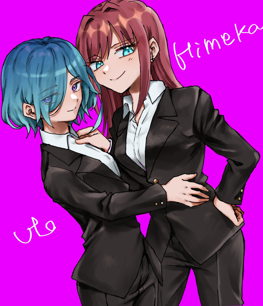 2girls, alternate_costume, aqua_eyes, aqua_hair, black_jacket, black_pants, brown_hair, character_name