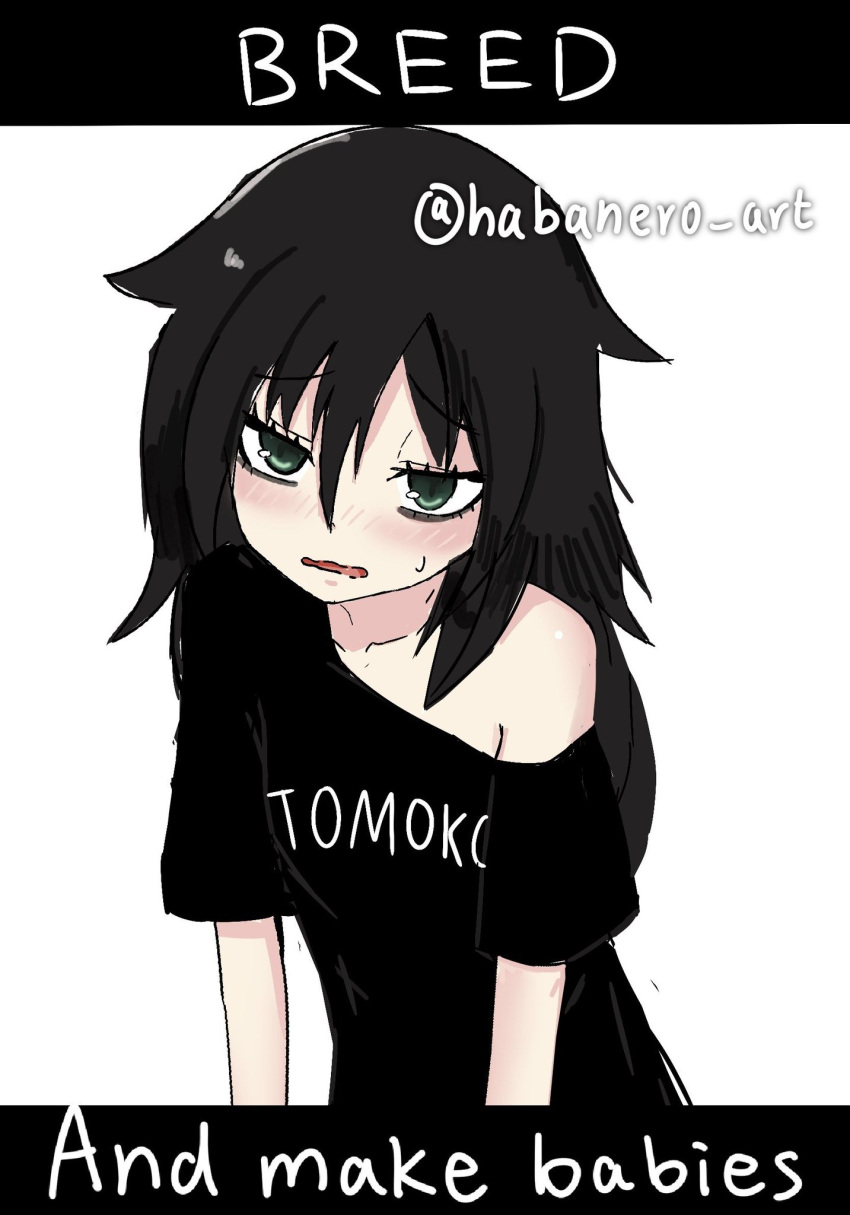 1girl, black_hair, black_shirt, female, green_eyes, habanero_art, hunched_over, kuroki_tomoko