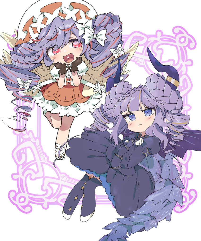 2girls, angel_and_devil, angello_vaalmonica, black_dress, blue_eyes, blush, crossed_arms, demon_girl