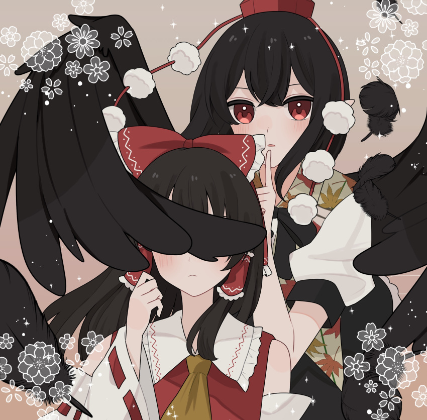 2girls, ascot, asumi276, bird_wings, black_hair, black_ribbon, black_skirt, black_wings
