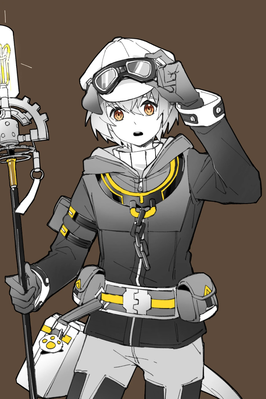 1boy, adjusting_goggles, animal_ears, arknights, arm_up, brown_background, brown_eyes, chain