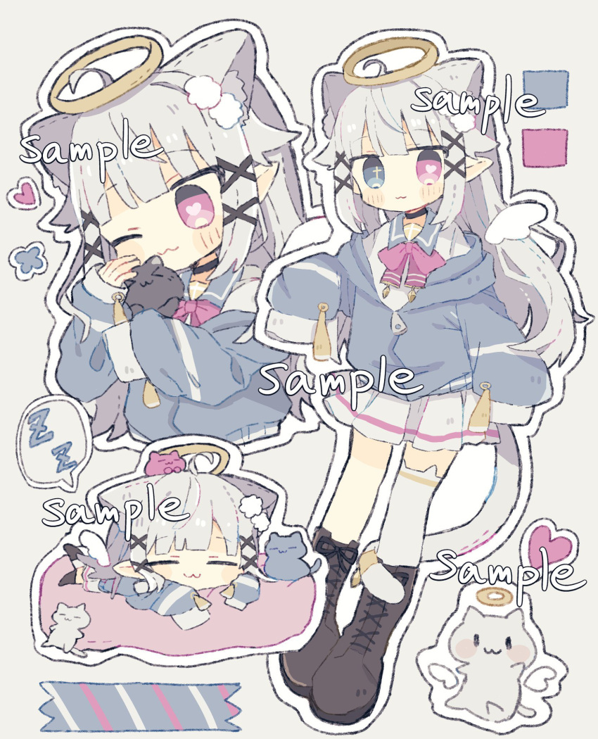 >_<, 1girl, :3, angel, angel_wings, animal, animal_ears, animal_hug, ascot, black_cat, blush, bow, cat, cat_ears, cat_girl, closed_eyes, commission, cross-shaped_pupils, full_body, hair_ornament, halo, heart, heart-shaped_pupils, highres, holding, holding_animal, holding_cat, jacket, kanato345, long_sleeves, looking_at_animal, looking_at_viewer, multiple_views, original, petting, pillow, pink_ascot, pink_bow, pink_eyes, pink_hair, sample_watermark, sidelocks, simple_background, skeb_commission, sleeping, sleeves_past_fingers, sleeves_past_wrists, smile, speech_bubble, symbol-shaped_pupils, watermark, wings, yellow_halo, zzz