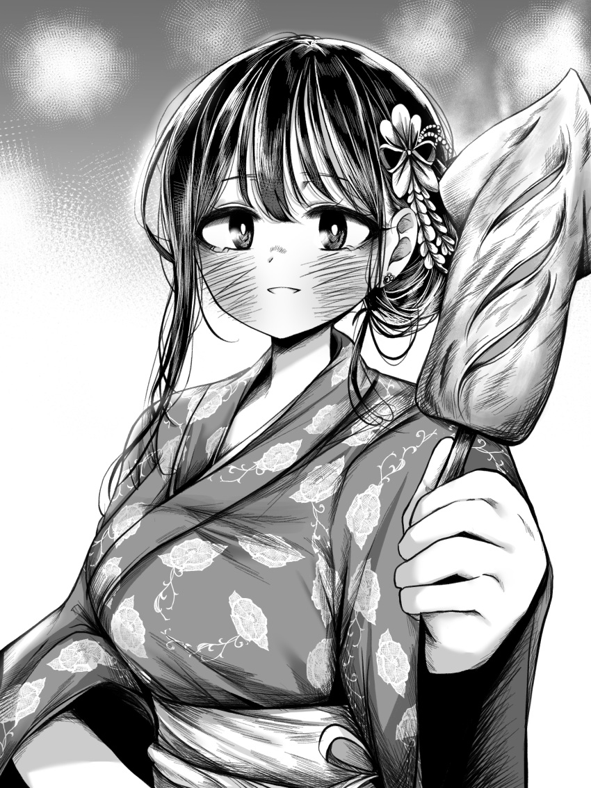 1girl, alternate_hairstyle, ao_tanuki, blush, boku_no_kokoro_no_yabai_yatsu, earrings, flower, food, greyscale, hair_bun, hair_flower, hair_ornament, highres, holding, holding_food, ikayaki, incoming_food, japanese_clothes, jewelry, kimono, light_smile, long_sleeves, looking_at_viewer, monochrome, short_hair, solo, upper_body, wide_sleeves, yamada_anna