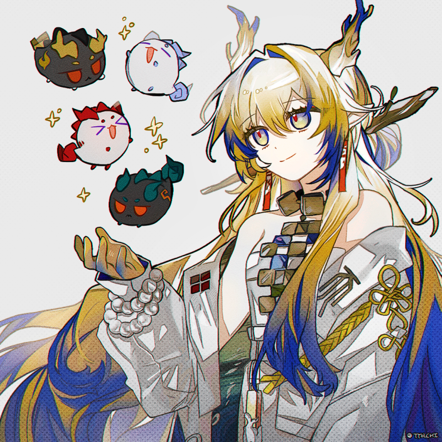 >_<, 1girl, :d, arknights, artist_name, bare_shoulders, bead_bracelet, beads, blonde_hair, blue_eyes, blue_hair, bracelet, chong_yue_(arknights), commentary_request, dragon_bubble_(arknights), dragon_girl, dragon_horns, dusk_(arknights), earrings, hair_intakes, hair_ornament, hair_stick, hand_up, horns, jacket, jewelry, ling_(arknights), long_hair, long_sleeves, looking_ahead, m2ttol, multicolored_hair, nian_(arknights), off_shoulder, open_clothes, open_jacket, pants, pointy_ears, red_pupils, shu_(arknights), smile, strapless, tube_top, upper_body, very_long_hair, white_jacket, white_pants, white_tube_top