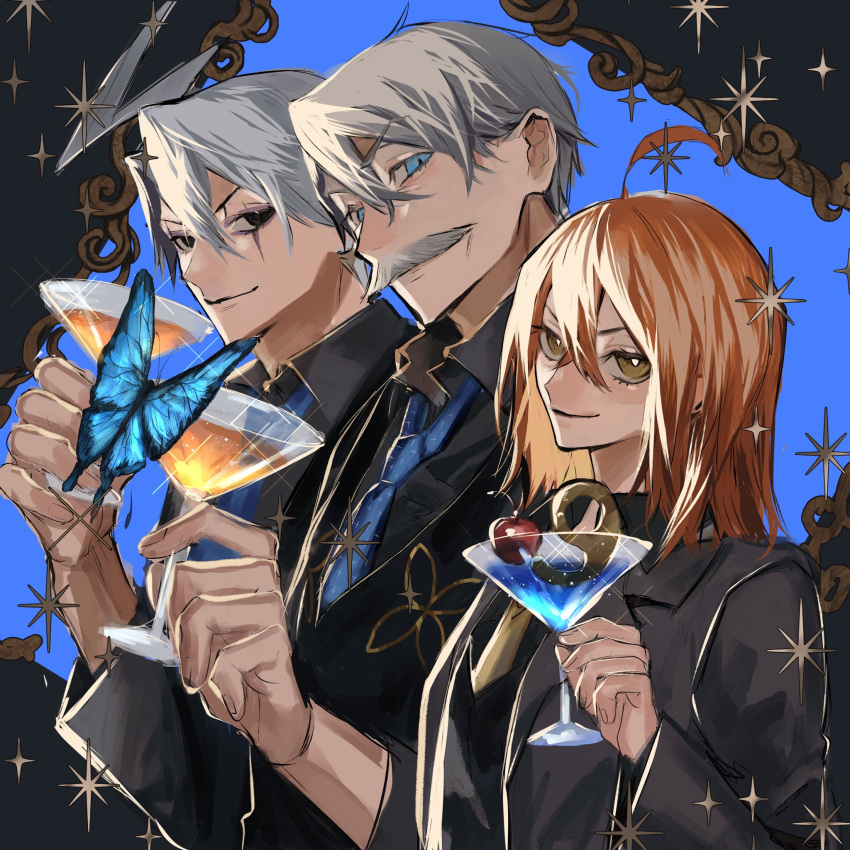 1girl, 2boys, ahoge, bartender, black_eyes, black_vest, blue_eyes, blue_necktie