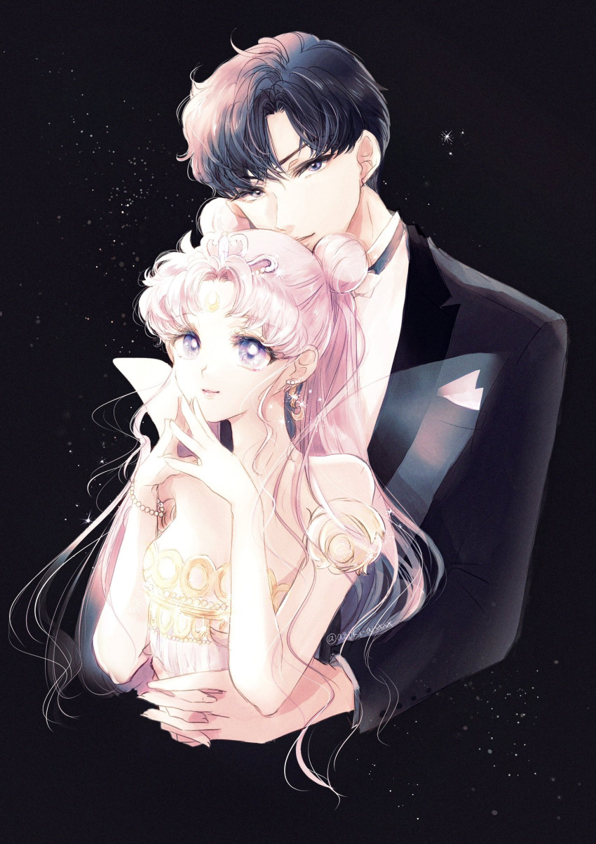 1girl, arms_around_waist, bare_shoulders, bishoujo_senshi_sailor_moon, black_background, black_hair, blue_eyes, butterfly_wings, chiba_mamoru, commentary, couple, crescent, crescent_facial_mark, dolcexxx, double_bun, dress, earrings, facial_mark, forehead_mark, grey_hair, hair_bun, heart_crown, hetero, highres, insect_wings, jewelry, king_endymion, long_hair, neo_queen_serenity, smile, steepled_fingers, strapless, strapless_dress, symbol-only_commentary, tsukino_usagi, tuxedo, twintails, upper_body, very_long_hair, white_dress, wings