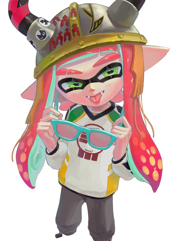 1boy, :p, androgynous, aqua-framed_eyewear, cowboy_shot, cropped_legs, fake_horns, fangs, from_above, green_eyes, grey_pants, half-closed_eyes, holding, holding_removed_eyewear, horned_headwear, horns, inkling_boy, inkling_player_character, kurutot1, long_hair, long_sleeves, male_focus, pants, pink-tinted_eyewear, pink_hair, pointy_ears, sideways_glance, simple_background, solo, splatoon_(series), sunglasses, sweater, tinted_eyewear, tongue, tongue_out, two-handed, unworn_eyewear, white_background