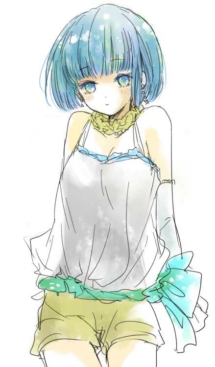 aqua_hair, bangs, bare_shoulders, blunt_bangs, bob_cut, bow, earrings, gloves