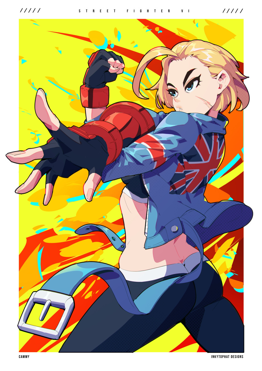 1girl, absurdres, arm_across_chest, arm_up, artist_name, belt, belt_buckle, belted_jacket, black_gloves, black_leggings, black_sports_bra, blonde_hair, blue_belt, blue_eyes, blue_jacket, border, bracer, buckle, cammy_white, clenched_hand, commentary, copyright_name, cropped_legs, dynamic_pose, english_commentary, fingerless_gloves, flexing, from_behind, gloves, hair_behind_ear, highres, inkytophat, jacket, leggings, long_sleeves, looking_to_the_side, midriff, multicolored_clothes, paint_splatter, parted_lips, scar, scar_on_cheek, scar_on_face, short_hair, single_bang, single_bracer, solo, sports_bra, street_fighter, street_fighter_6, tight_clothes, tsurime, union_jack, white_border