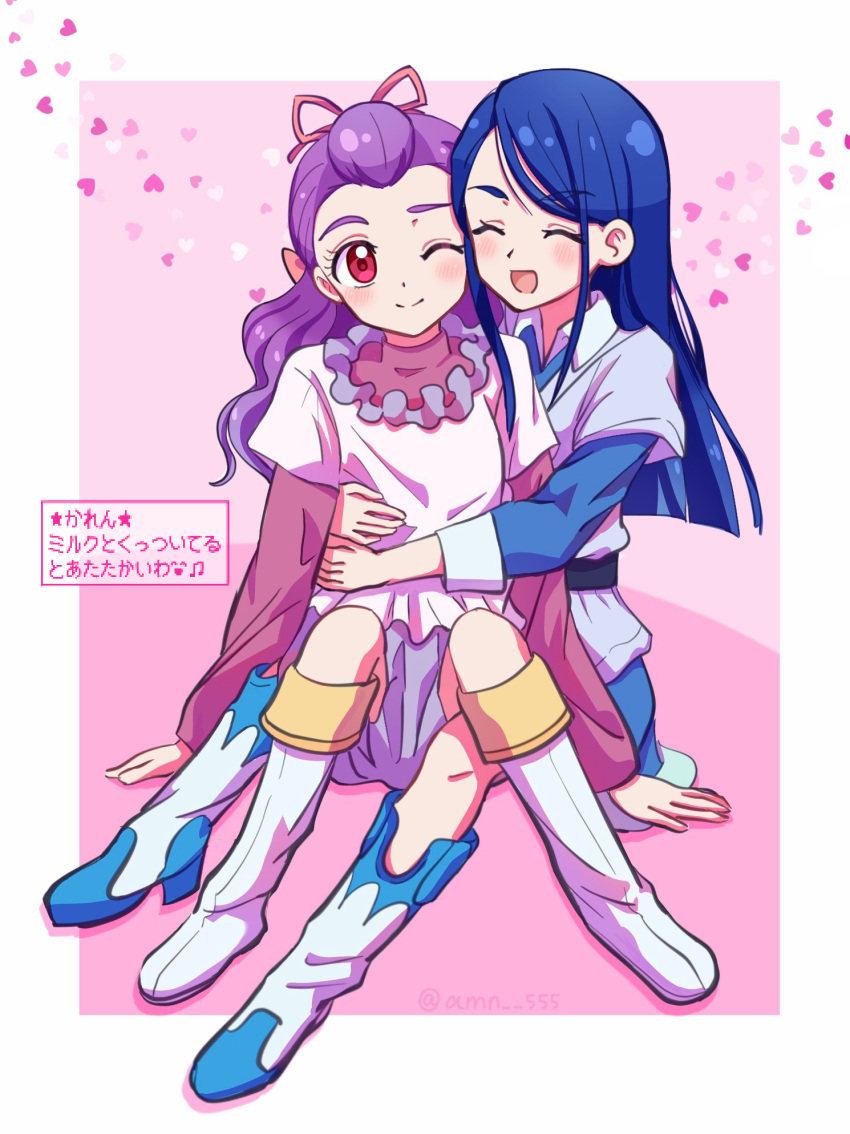 2girls, alternate_costume, amagan_ruruboshi, blue_hair, boots, closed_eyes, closed_mouth, full_body
