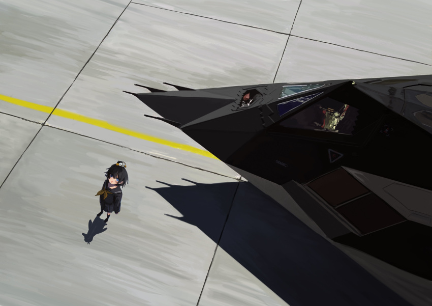 1girl, absurdres, aircraft, airplane, animal_on_hand, bird, black_hair, black_sailor_collar