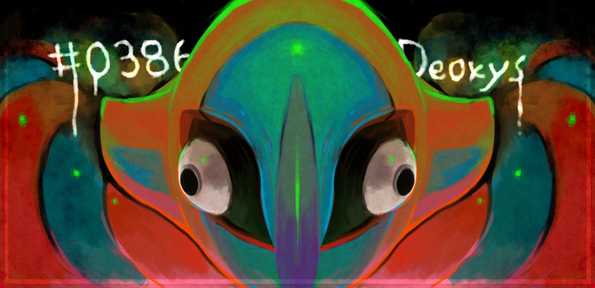 black_sclera, bulging_eyes, character_name, close-up, colored_sclera, deoxys, deoxys_(normal), fisheye