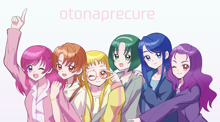 6+girls, :d, ;), akimoto_komachi, amagan_ruruboshi, blonde_hair, blue_eyes, blue_hair