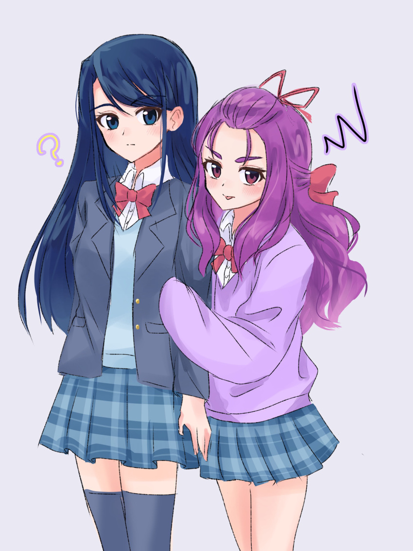 2girls, amagan_ruruboshi, blazer, blue_eyes, blue_hair, blue_skirt, bow, bowtie