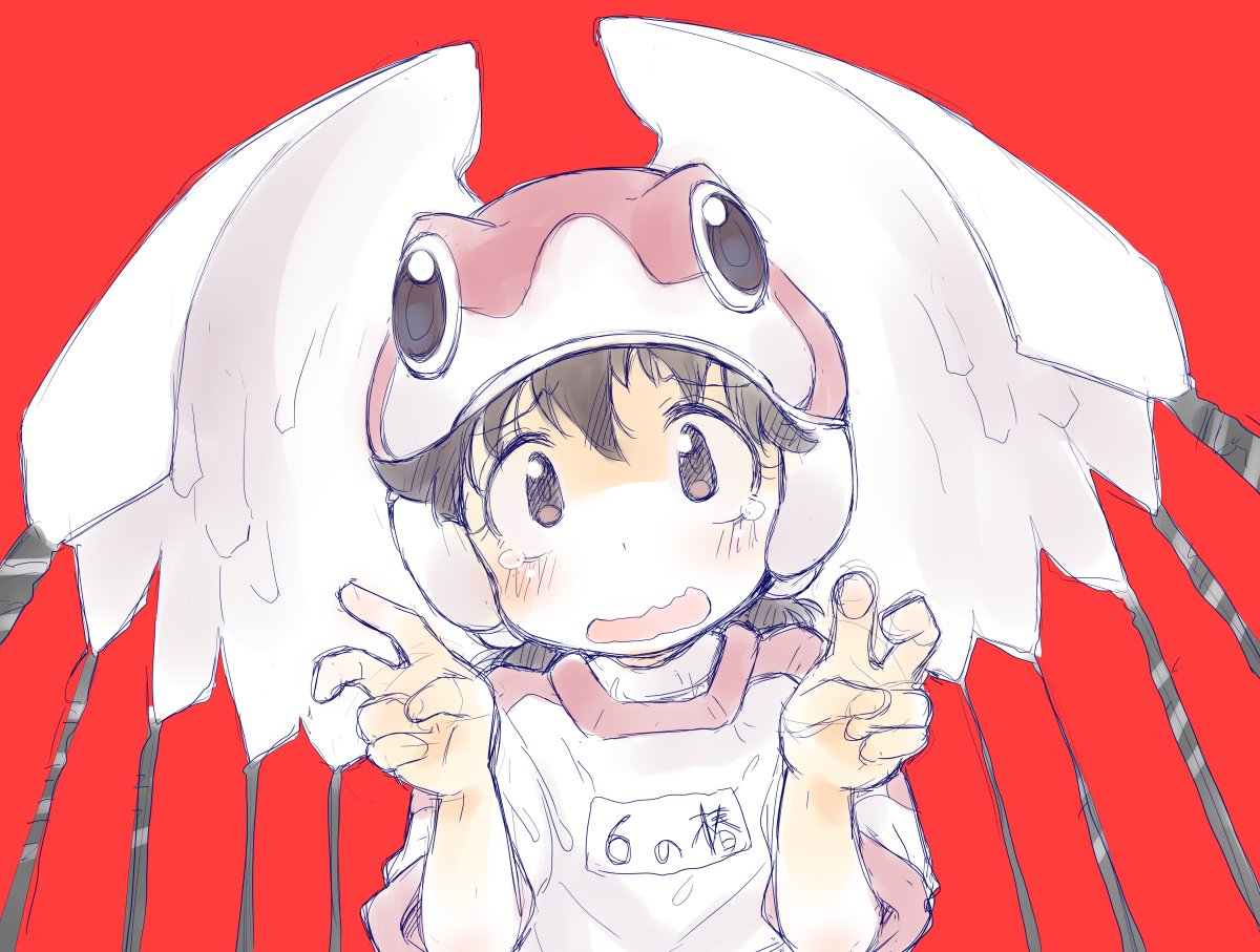 1girl, alien_nine, black_hair, blush, borg_(alien_nine), crying, double_v, hands_up