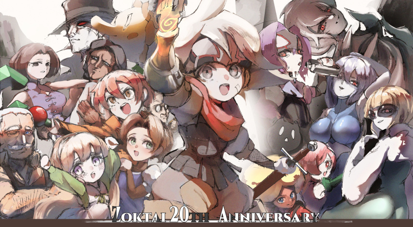 6+boys, 6+girls, anniversary, black_dainn, blonde_hair, blue_dvalinn, bokura_no_taiyou, brown_hair, character_request, commentary_request, django_(boktai), group_picture, highres, holding, holding_sword, holding_weapon, jormungandr_(boktai), lita_(boktai), multiple_boys, multiple_girls, muted_color, otenko, purple_hair, red_durathror, sabata_(boktai), sword, teruteruboktai, weapon, white_duneyrr, zazie_(boktai)