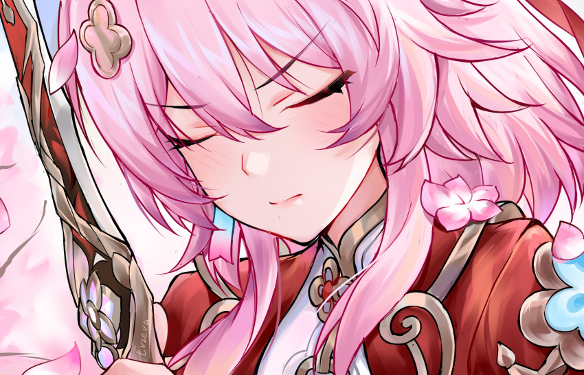 1girl, blush, closed_eyes, evzeva, hair_between_eyes, highres, holding, holding_sword
