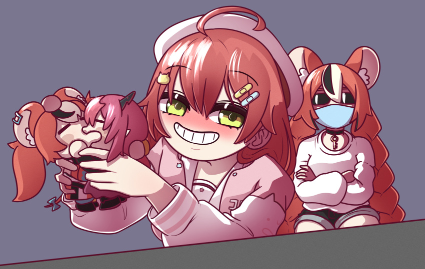 2girls, ahoge, animal_ears, black_hair, blush, character_doll, commentary, crossed_arms, doll, dolls_kissing, glasses, green_eyes, hair_ornament, hakos_baelz, hashtag-only_commentary, highres, holding, holding_doll, hololive, hololive_english, holykoshi, horns, irys_(hololive), kiss, long_hair, mask, mouse_ears, mouse_tail, mouth_mask, multicolored_hair, multiple_girls, parted_lips, pink_hair, purple_hair, redhead, sakura_miko, shipping_(fandom), tail, teeth, virtual_youtuber, white_hair, yuri