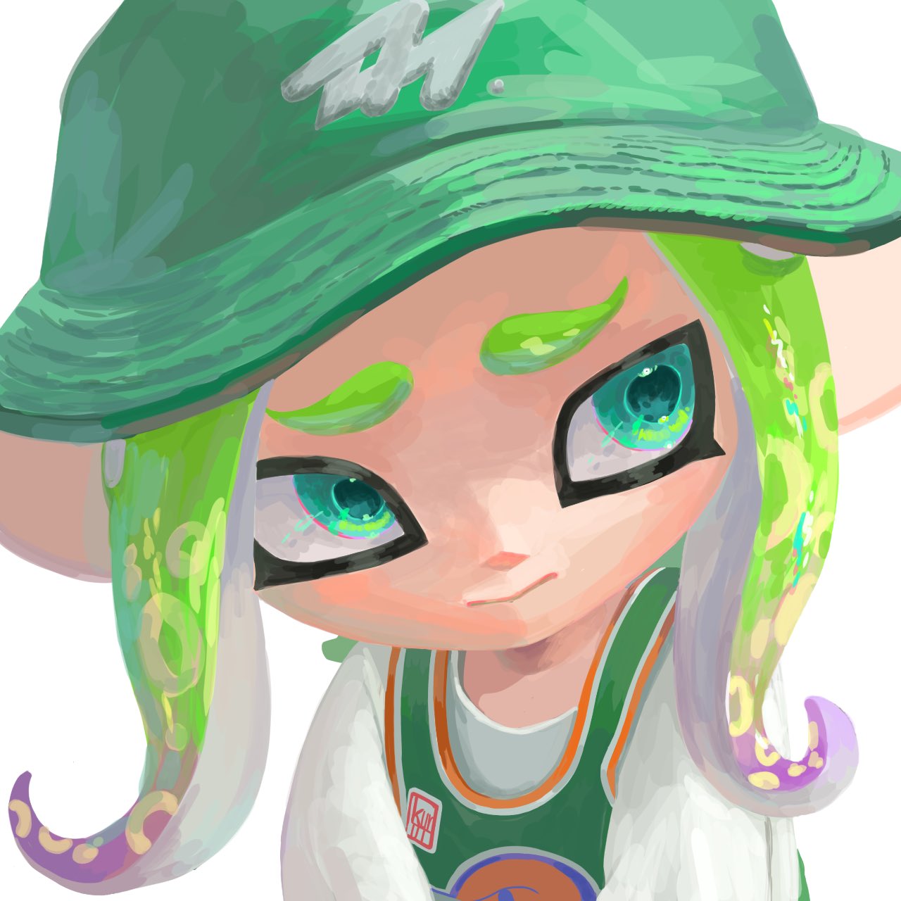 1girl, bucket_hat, closed_mouth, colored_tips, commentary, curly_hair, furrowed_brow, green_eyes