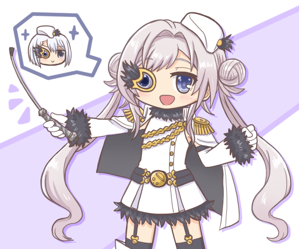 2girls, :d, aiguillette, bad_id, bad_pixiv_id, black_thighhighs, blue_eyes, chibi, closed_mouth, coat, cosplay, cowboy_shot, double_bun, epaulettes, fur-trimmed_coat, fur_trim, gloves, grey_eyes, grey_hair, hair_bun, hair_intakes, hat, holding, holding_whip, izumi_kanagi, izumi_kanagi_(cosplay), long_hair, looking_at_viewer, magia_record:_mahou_shoujo_madoka_magica_gaiden, magical_girl, mahou_shoujo_madoka_magica, monocle, multiple_girls, open_mouth, reverse_(bluefencer), sidelocks, smile, solo_focus, standing, thigh-highs, twintails, very_long_hair, white_coat, white_gloves, white_hat, yakumo_mikage