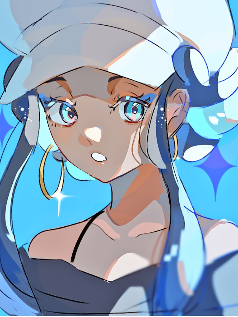 1girl, bare_shoulders, black_hair, blue_background, blue_eyeliner, blue_eyes, blue_hair, cabbie_hat, collarbone, dark-skinned_female, dark_skin, earrings, eyeliner, hami_(3hm6gebdf619771), hat, hoop_earrings, jewelry, light_blue_hair, long_hair, makeup, multicolored_hair, nessa_(pokemon), parted_lips, pokemon, pokemon:_twilight_wings, pokemon_swsh, solo, two-tone_hair, upper_body, white_hat